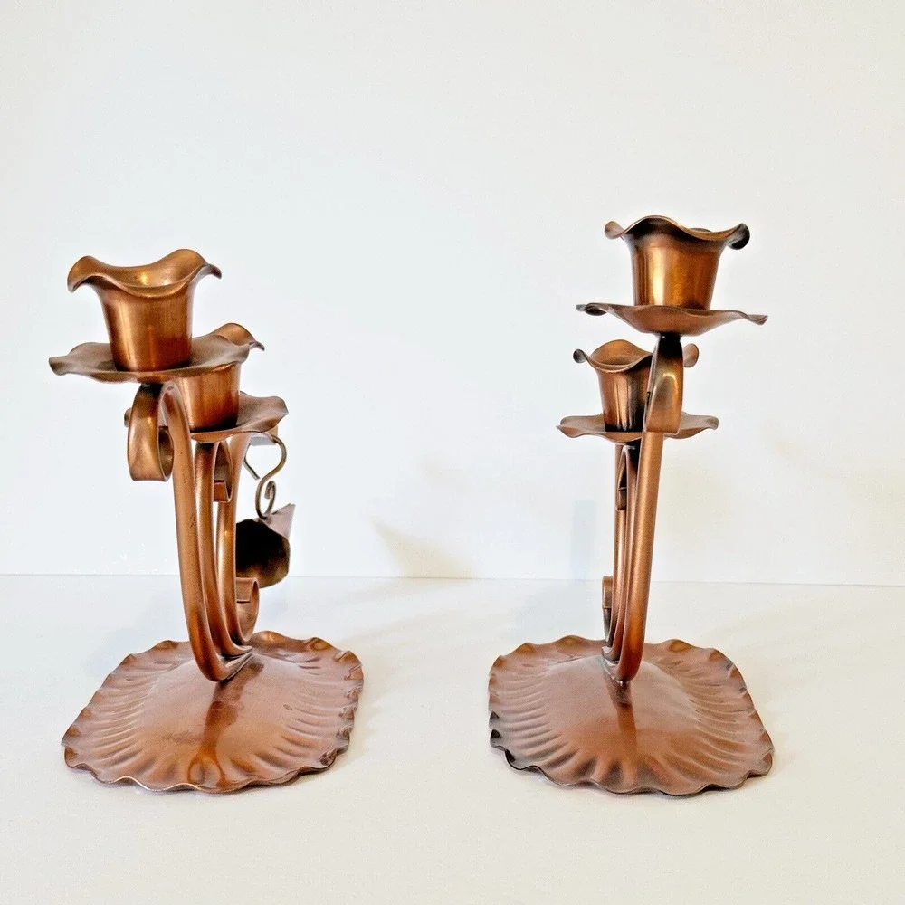 Vintage Solid Hammered Copper Candle Holders Candelabra Snuffer Gregorian MCM - Picture 2 of 14